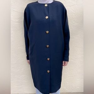 Ellen Tracy Basic Navy Blue Knit Long Tunic Sweater Jacket Top Button vintage